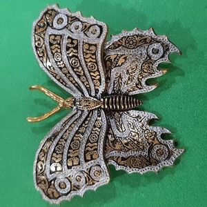 Vintage Damascene Butterfly Brooch, Gold & Silver & Black, Spain